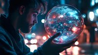 Young man with beard holding glowing crystal ball with cosmic elements against blurred city lights at night. Mystical fortune telling concept.