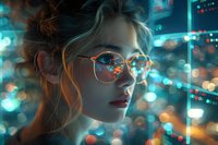 Young woman in glasses with messy bun hairstyle against urban night cityscape with neon lights and bokeh effects, perfect for lifestyle and modern urban photography.