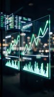 Futuristic holographic financial charts displaying profit curve and trading volume data with glowing green upward trending arrows against dark background.