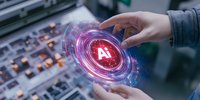 Hands holding glowing AI hologram with futuristic circular interface over electronic equipment, representing artificial intelligence and machine learning technology.