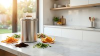 Modern stainless steel compost bin on white kitchen counter with organic vegetable scraps and coffee grounds for sustainable waste management and eco-friendly living.