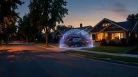 Residential home with illuminated transparent bubble garage dome protecting parked vehicle at dusk, suburban street lined with trees and warm interior lighting.
