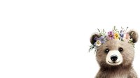 Adorable brown bear cub wearing floral crown with purple and blue wildflowers on white background, watercolor style illustration for nursery art and children decor.