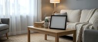 Modern living room interior with laptop on wooden coffee table, beige sofa and floor lamp creating cozy workspace atmosphere for remote work and relaxation.