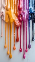 Colorful dripping paint streams in vibrant gradient from beige to orange, red, purple and blue creating artistic abstract composition on white background, perfect for creative design projects.