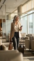 Professional blonde businesswoman with smartphone and luggage walking through modern airport terminal during business travel.