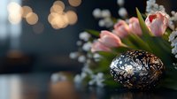 Ornate metallic Easter egg with floral pattern next to pink tulips and white flowers on dark background with soft bokeh lights creating festive atmosphere.