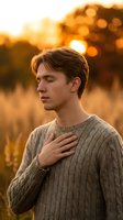Young Caucasian man wearing knit sweater standing in golden wheat field at sunset, hand on chest, eyes closed in peaceful contemplation, warm bokeh background.