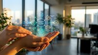 Business professional holding smartphone with digital audit icons and network connections in modern office environment for financial technology applications.