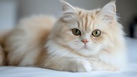 Cream colored Persian cat with bright green eyes lying on white bedding, soft focus portrait showcasing fluffy fur and gentle expression. Perfect for pet care marketing.