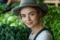 Young woman with fair skin and light brown hair wearing a gray cowboy hat and casual shirt, posing among fresh green kale plants in an organic garden setting for agricultural and farming lifestyle content.