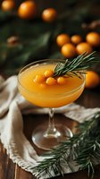 Orange cocktail garnished with fresh rosemary and kumquats in coupe glass on rustic wooden table with natural linen napkin and dark moody background.
