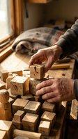 Senior craftsman hands carefully arranging wooden blocks in sunlit workshop. Traditional woodworking, handmade craftsmanship and artisan skills concept.