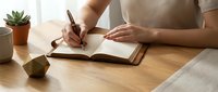 Woman writing in leather journal at wooden desk with succulent plant and geometric decor in bright natural light workspace for productivity and planning.