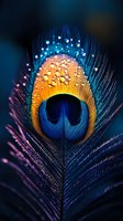 Macro shot of peacock feather with water drops on dark background showing vibrant blue, gold and purple colors with selective focus on central eye pattern.