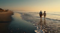 Couple walking hand in hand along shoreline at sunset, silhouetted against golden light reflecting on wet sand and gentle ocean waves.