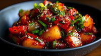 Sweet and spicy glazed potatoes garnished with sesame seeds, green onions and chili sauce in black ceramic bowl, close up view of Korean-inspired side dish.
