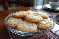 Fresh baked sugar cookies with crispy edges and soft centers arranged on clear glass plate, warm golden brown color, homestyle dessert presentation.
