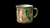 Watercolor rustic enamel mug with worn green and brown texture, isolated on transparent background. Great for stickers, t-shirt design, print on demand, and clipart.