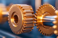 Golden metal gears meshing together in close-up view with soft focus background, highlighting industrial machinery and mechanical engineering precision.
