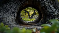 Natural hollow in tree trunk frames green forest view through circular opening, creating mysterious woodland portal effect with soft bokeh background.
