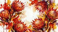 Vibrant watercolor protea flowers frame with warm autumn colors creating decorative border on textured paper background for botanical art projects.