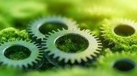 Metal gears covered in green moss create environmental technology concept. Natural mechanical elements blend with organic growth on blurred background.