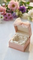 Elegant pink jewelry gift box with satin interior and ribbon bow, colorful flowers in soft focus background for special occasions and celebrations.