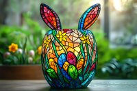 Colorful mosaic bunny vase with stained glass effect featuring floral design and long ears, glowing with vibrant reds, blues and yellows against garden background.