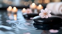 Serene spa composition with cherry blossom on black massage stone in rippling water, soft candlelight bokeh background creates peaceful wellness atmosphere.