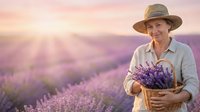Middle-aged woman with fair complexion wearing straw hat and light shirt holding wicker basket of lavender flowers in blooming field at sunset for agriculture and nature themes.