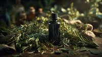 Dark glass dropper bottle surrounded by fresh rosemary sprigs on rustic wooden surface. Natural herbal medicine and aromatherapy concept for wellness products.