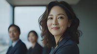 Confident Asian businesswoman smiling in modern office with colleagues in background, leadership and corporate success concept.