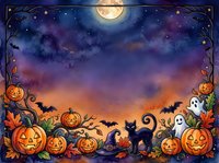 Spooky autumn night scene with glowing jack-o-lanterns, flying bats, ghostly figures, black cat, and full moon in starry sky. Halloween celebration background.