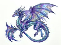 Mythical dragon with iridescent purple and blue scales, wings spread wide, isolated on white background. Suitable for fantasy designs, apparel, and creative projects.