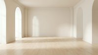 Empty minimalist room interior with arched windows and wooden floor for architectural visualization and real estate presentations.