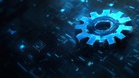 Glowing blue gear wheel symbol on dark digital circuit background represents automation and technological advancement in modern industry processes.