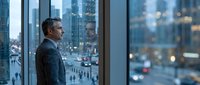 Mature businessman in dark suit gazing out floor-to-ceiling window at urban skyline, contemplating strategy and future growth opportunities in corporate office setting.