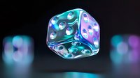 Glowing translucent dice with neon turquoise and purple colors floating on dark background with bokeh lights, modern gaming concept for casino and entertainment.