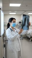Female doctor examining chest x-ray in hospital room wearing medical mask and white coat with stethoscope for healthcare diagnosis and treatment.