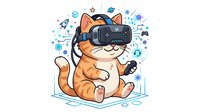 Orange tabby cat wearing virtual reality headset, sitting with controller, surrounded by floating tech icons and digital elements on white background. Isolated clipart suitable for gaming, technology, and metaverse design projects.