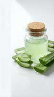 Natural aloe vera gel in glass bottle with cork stopper and fresh cut aloe leaves on white background for skincare and cosmetic products.