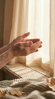 Elderly hands cupped in prayer or meditation gesture by window with warm sunlight streaming through curtains creating peaceful spiritual moment.