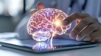 Digital hologram of glowing purple brain emerging from tablet screen with hand touching neural network visualization. Medical technology concept for neuroscience and AI development.