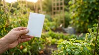 Person holding blank white card in lush green garden with ivy-covered buildings, ideal for business cards, invitations, and promotional mockups.