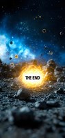 Glowing explosion with "THE END" text against cosmic blue nebula background on rocky terrain, perfect for cinematic finale concepts.