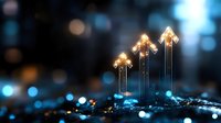 Glowing upward arrows with sparkles on dark blue bokeh background symbolizing growth, success and financial progress in business visualization.