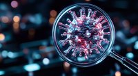 Magnified virus cell structure in pink and blue neon colors against dark background with bokeh lights, showing detailed spike proteins through microscope lens.