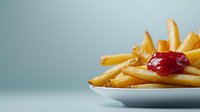 Golden crispy french fries served on white plate with bright red ketchup sauce, close up view against soft blue background. Classic fast food presentation.