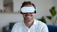 Smiling Caucasian man wearing virtual reality headset and headphones while sitting on couch at home, modern technology and entertainment concept.